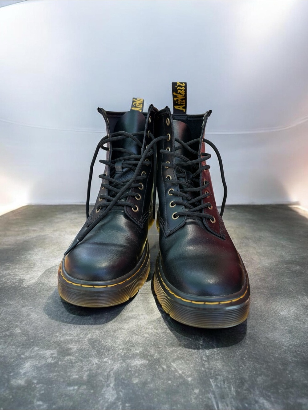 Dr. Martens Black Leather Lace-Up Combat Boots with Yellow Stitching